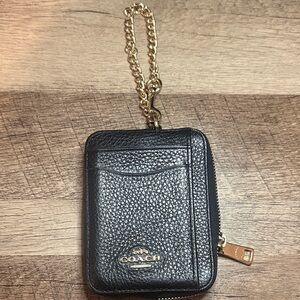 Coach Black Textured Card Holder with Gold Chain